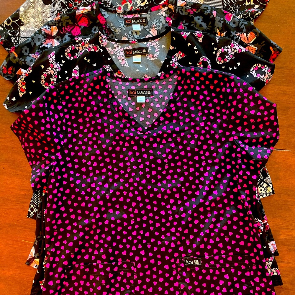 Bundle of 4 Koi basics 2 pocket scrub tops. Wrinkle free.